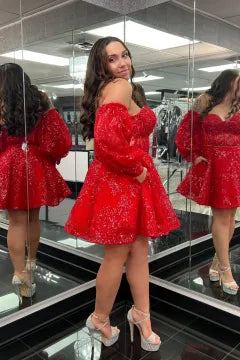 Off Shoulder Puff Sleeve Lace Corset Homecoming Dress | A-Line Skirt Mini Cocktail Dress