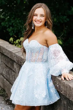 Off Shoulder Puff Sleeve Lace Corset Homecoming Dress | A-Line Skirt Mini Cocktail Dress