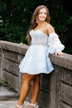 Off Shoulder Puff Sleeve Lace Corset Homecoming Dress | A-Line Skirt Mini Cocktail Dress
