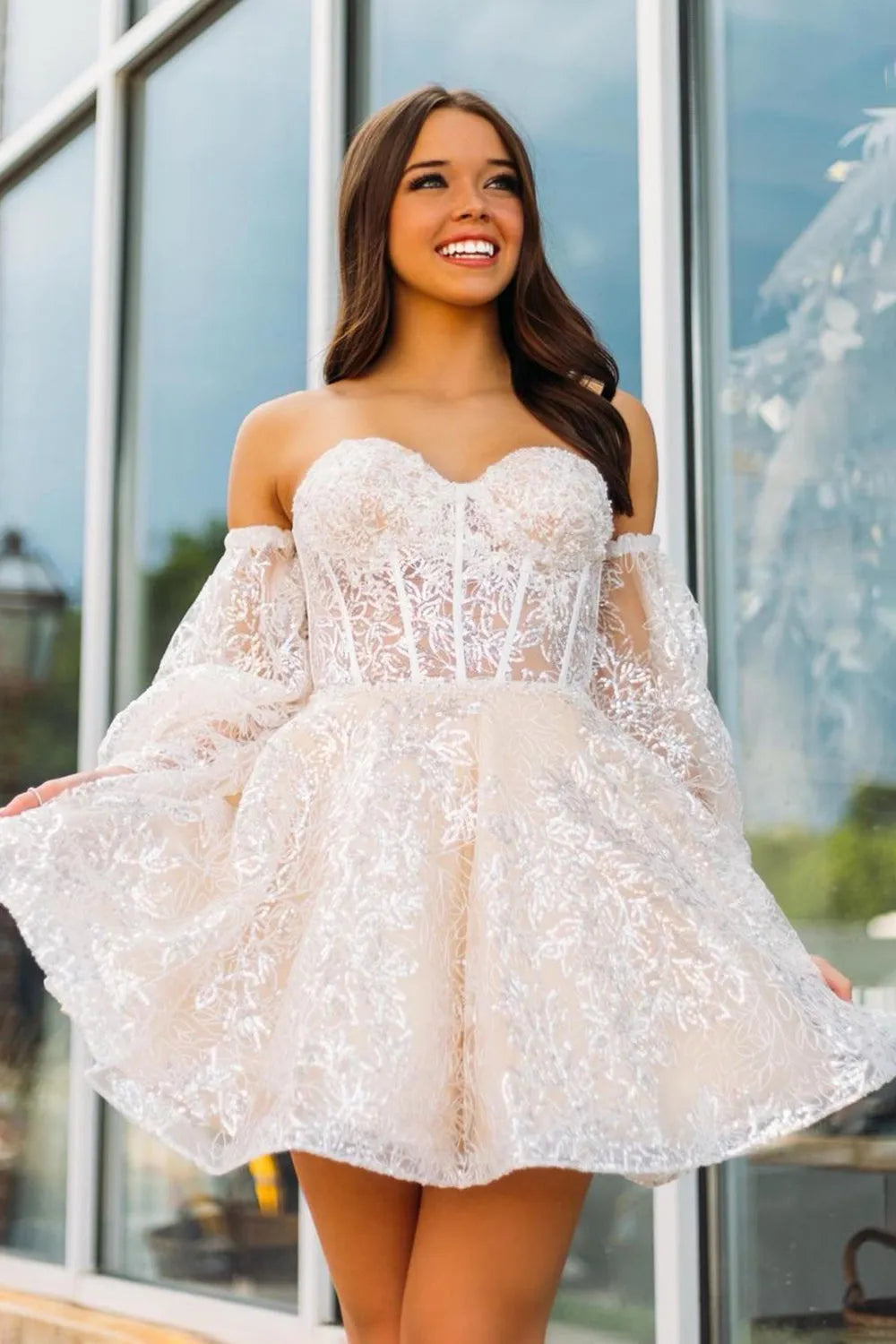 Off Shoulder Puff Sleeve Lace Corset Homecoming Dress | A-Line Skirt Mini Cocktail Dress