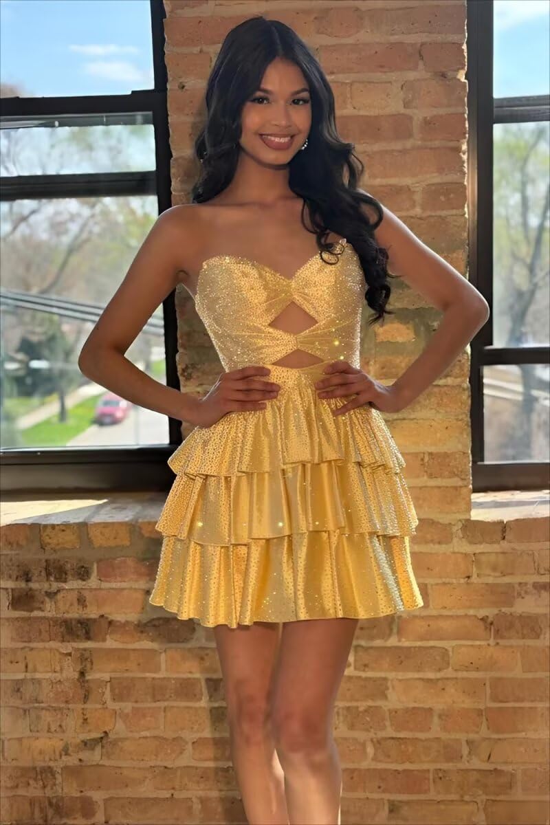 Sparkly Strapless Cutout Tiered Homecoming Dress | Ruffle Skirt Short Prom Gown