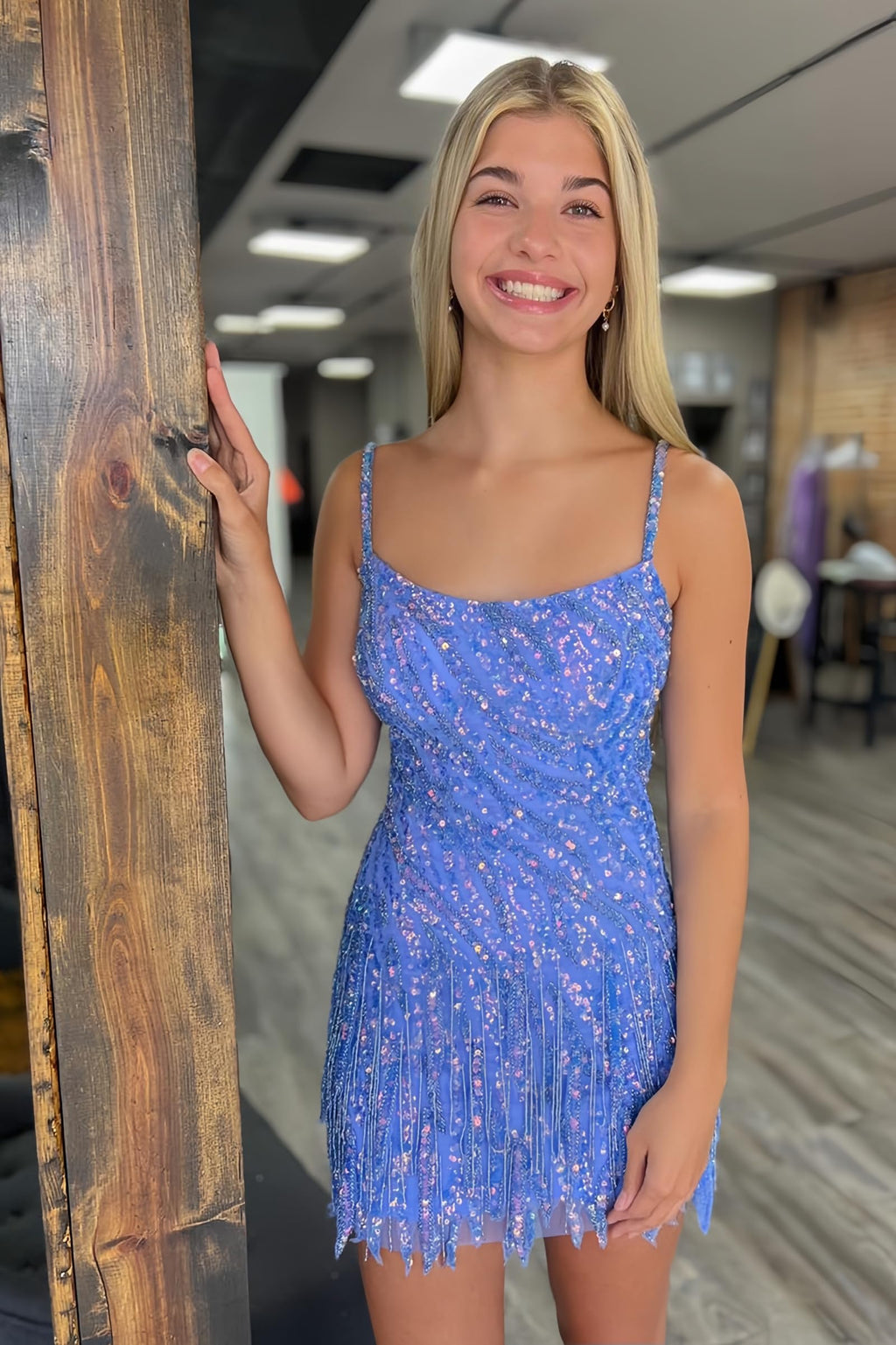 Sequin Fringe Homecoming Dress | Spaghetti Strap Lace-Up Back Short Prom Gown