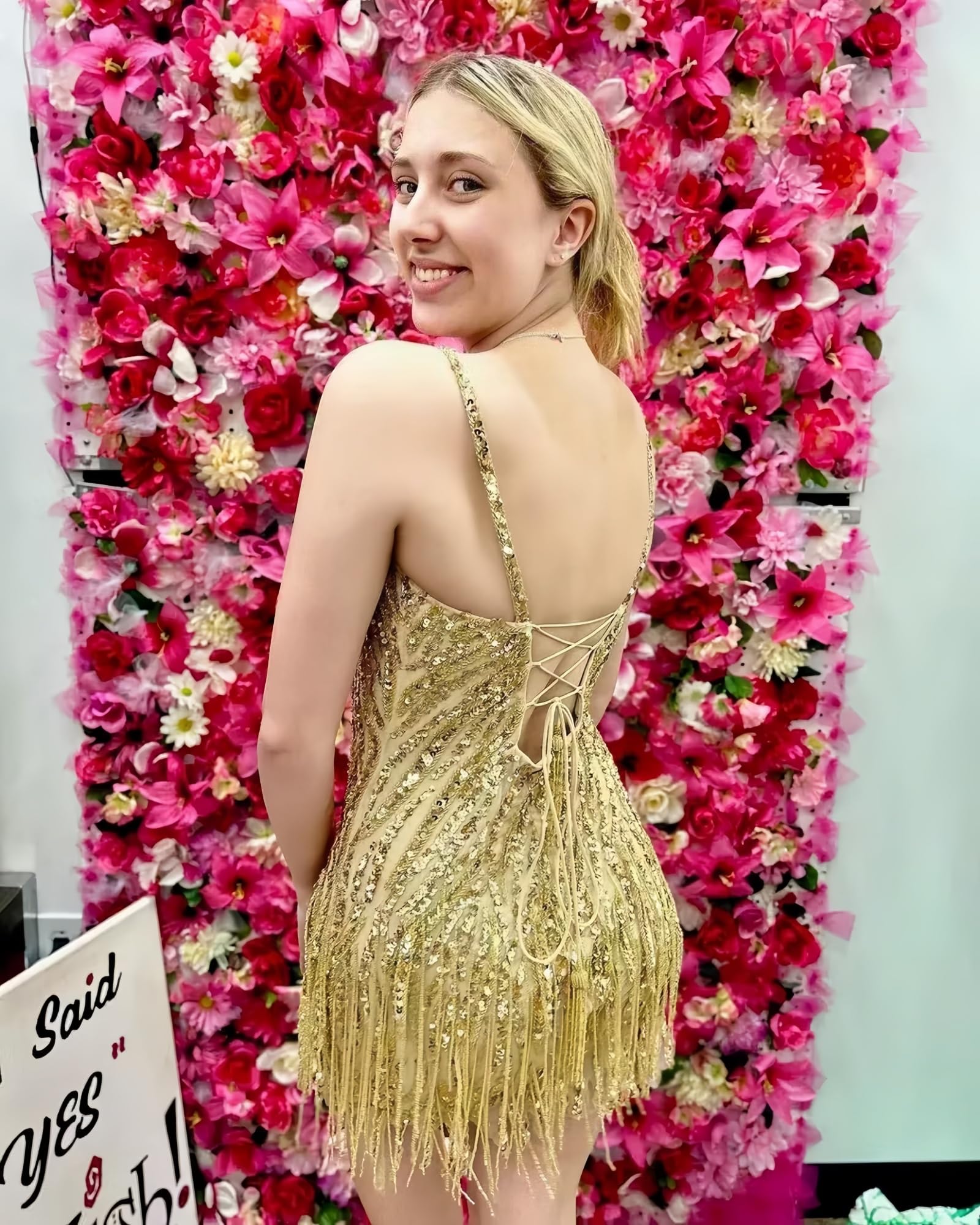Sequin Fringe Homecoming Dress | Spaghetti Strap Lace-Up Back Short Prom Gown