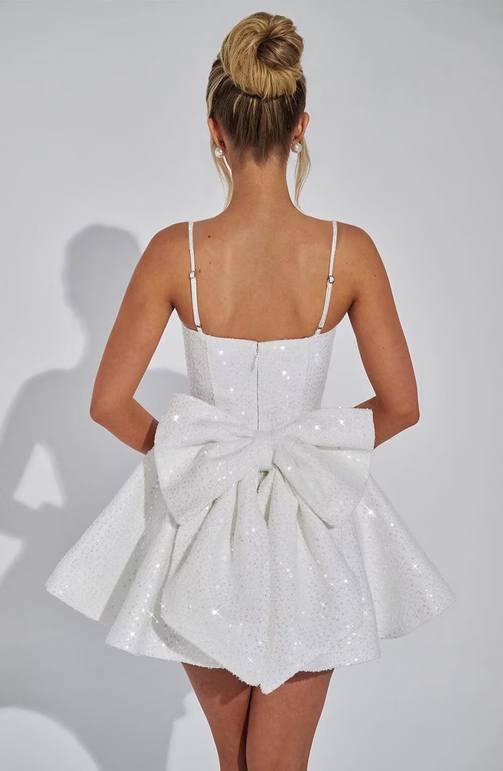 Square Neck Sequin Homecoming Dress | A-Line Mini Skirt with Back Bow Detail