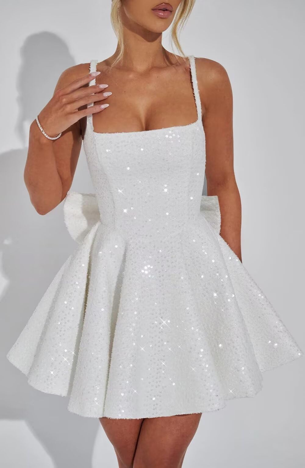 Square Neck Sequin Homecoming Dress | A-Line Mini Skirt with Back Bow Detail