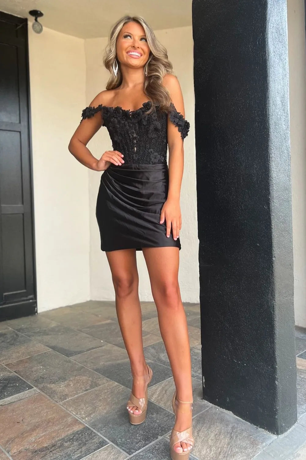 Off-the-Shoulder 3D Floral Lace Homecoming Dress | Ruched Satin Bodycon Mini Party Gown