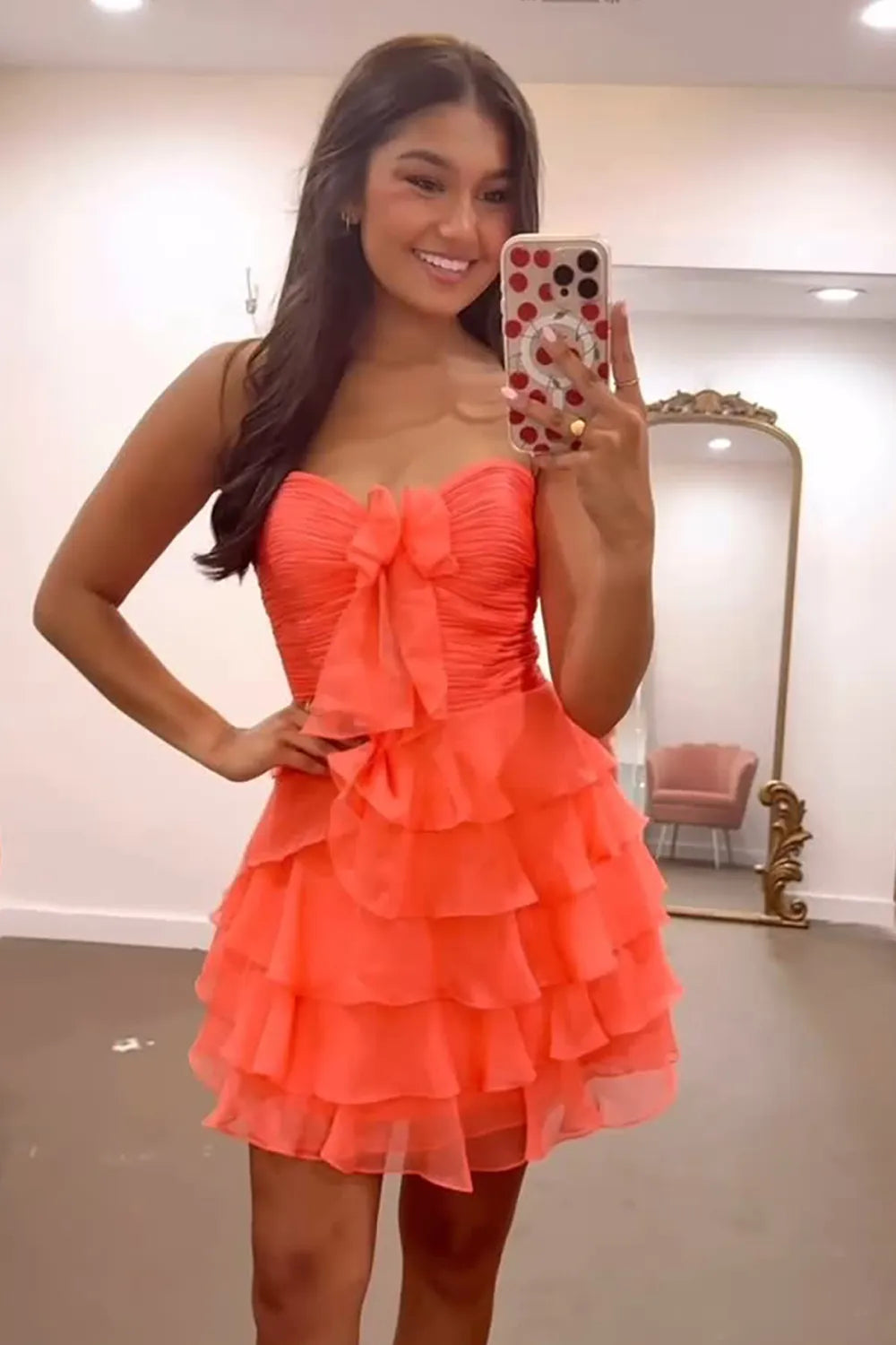 Strapless Tiered Chiffon Homecoming Dress | Sweetheart Ruffle Skirt Short Prom Gown