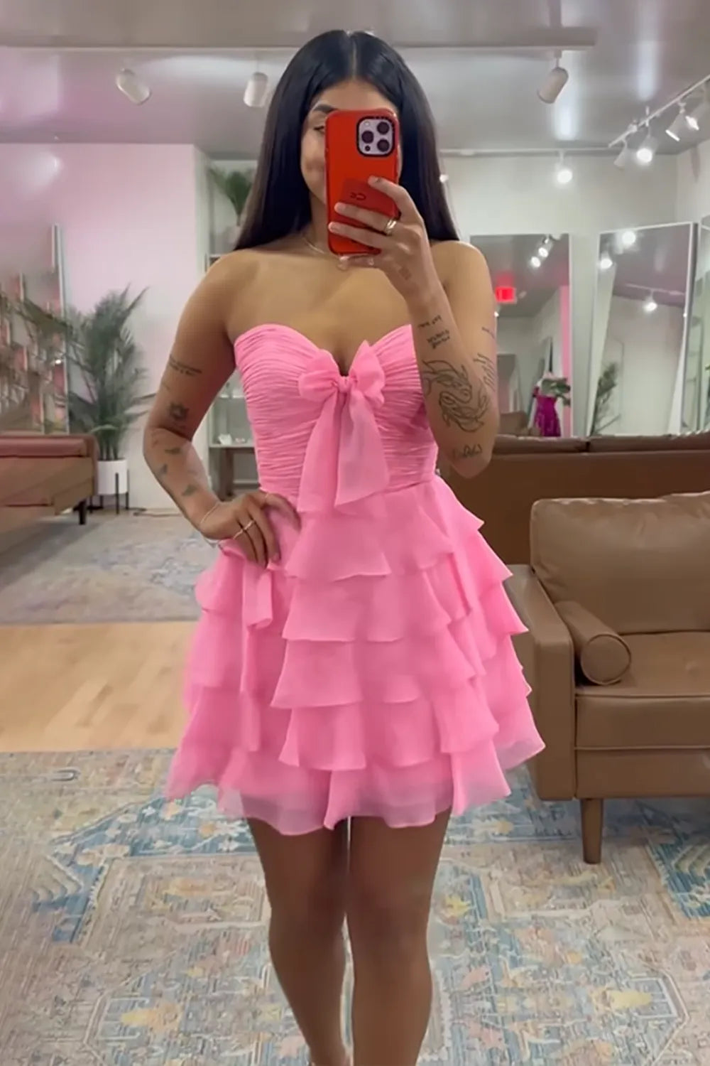 Strapless Tiered Chiffon Homecoming Dress | Sweetheart Ruffle Skirt Short Prom Gown