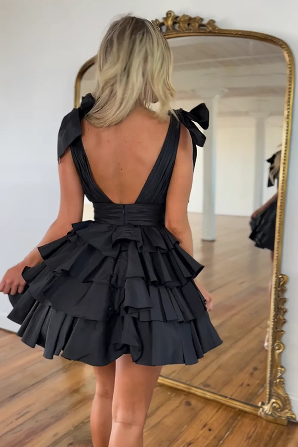 V-Neck Bow Strap Tiered Ruffle Homecoming Dress | Pleated Bodice Short Prom Gown