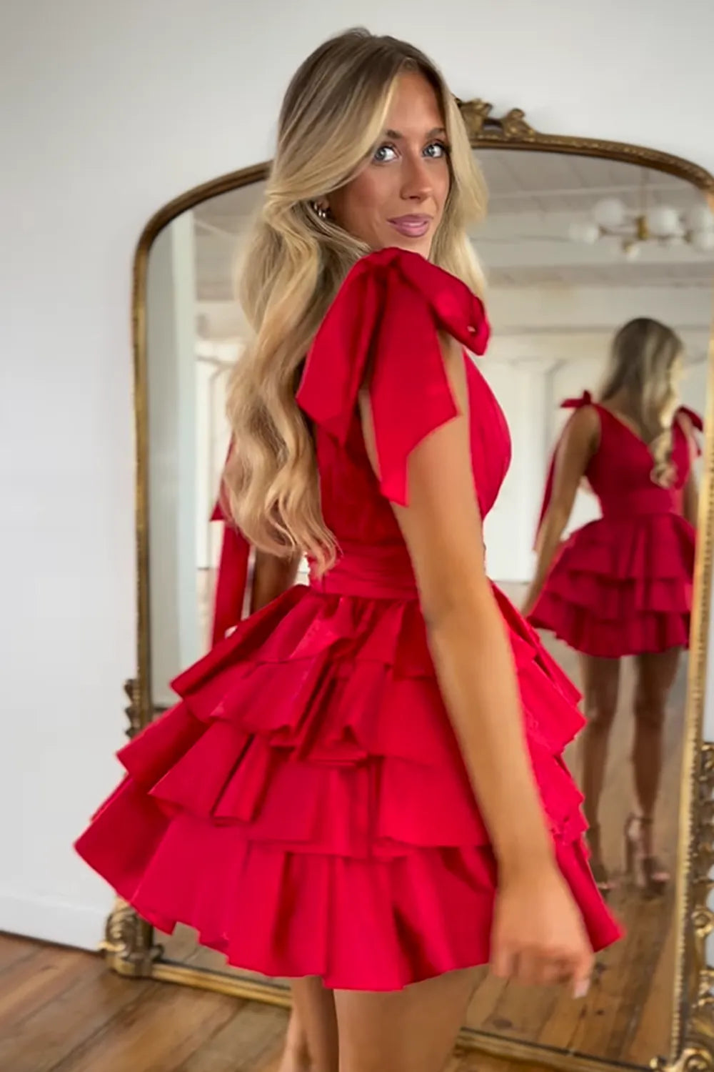V-Neck Bow Strap Tiered Ruffle Homecoming Dress | Pleated Bodice Short Prom Gown