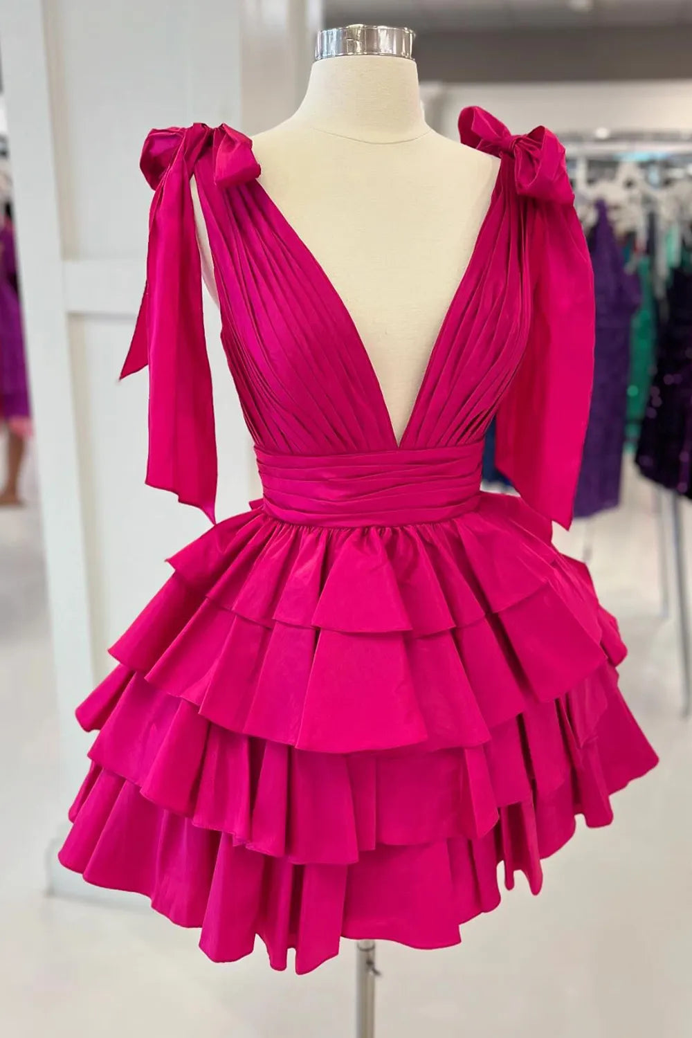 V-Neck Bow Strap Tiered Ruffle Homecoming Dress | Pleated Bodice Short Prom Gown