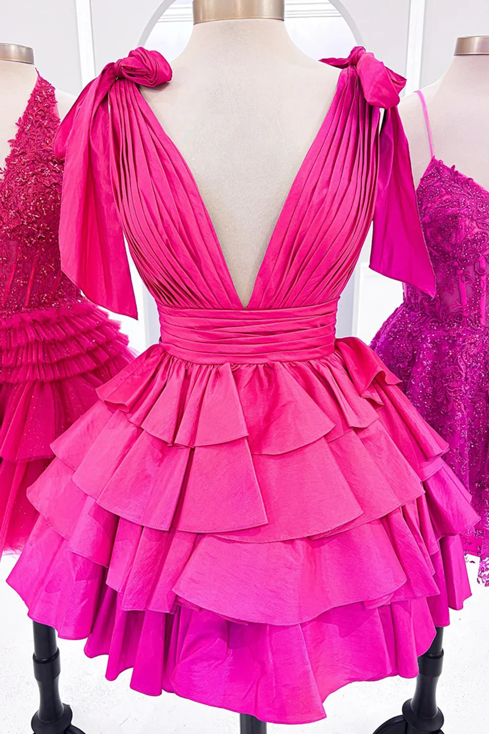 V-Neck Bow Strap Tiered Ruffle Homecoming Dress | Pleated Bodice Short Prom Gown