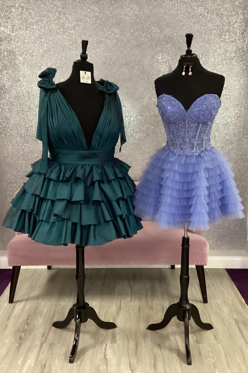 V-Neck Bow Strap Tiered Ruffle Homecoming Dress | Pleated Bodice Short Prom Gown