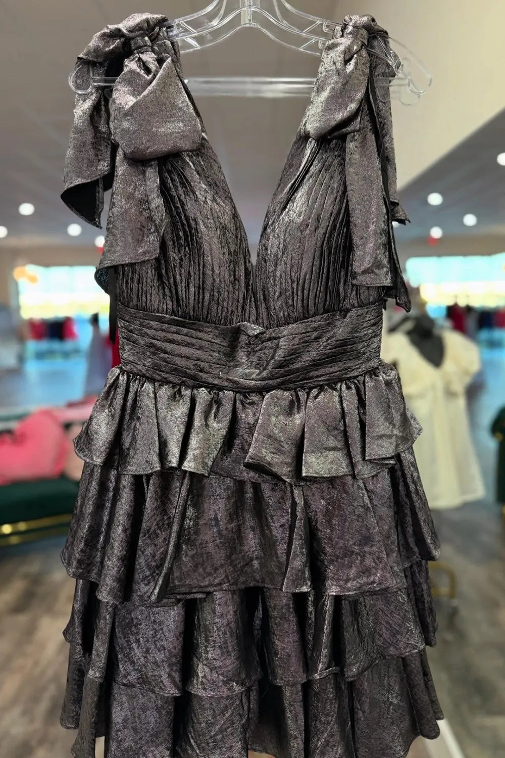 V-Neck Bow Strap Tiered Ruffle Homecoming Dress | Pleated Bodice Short Prom Gown