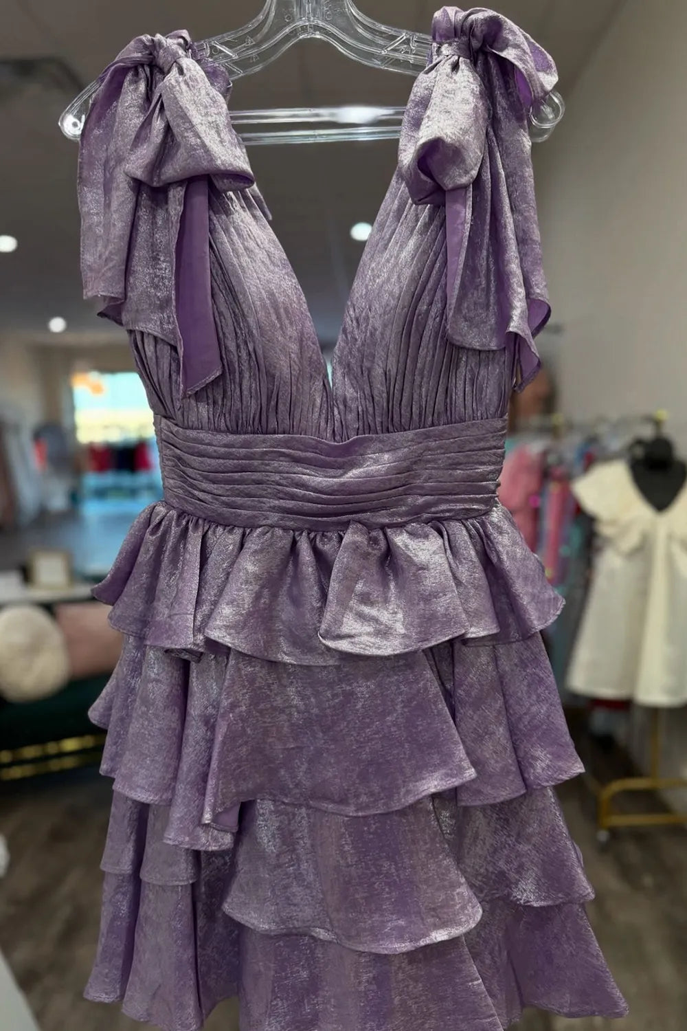 V-Neck Bow Strap Tiered Ruffle Homecoming Dress | Pleated Bodice Short Prom Gown
