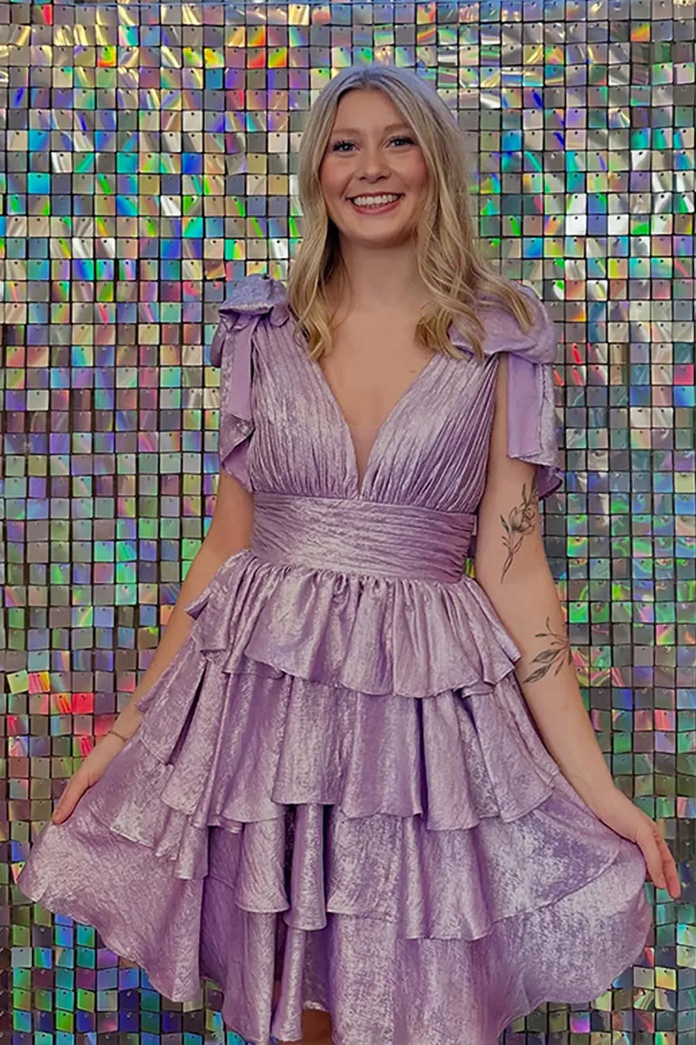 V-Neck Bow Strap Tiered Ruffle Homecoming Dress | Pleated Bodice Short Prom Gown