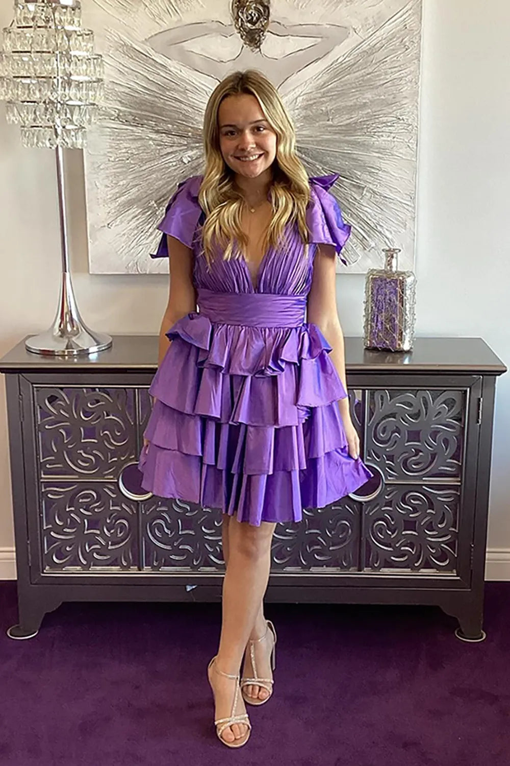 V-Neck Bow Strap Tiered Ruffle Homecoming Dress | Pleated Bodice Short Prom Gown