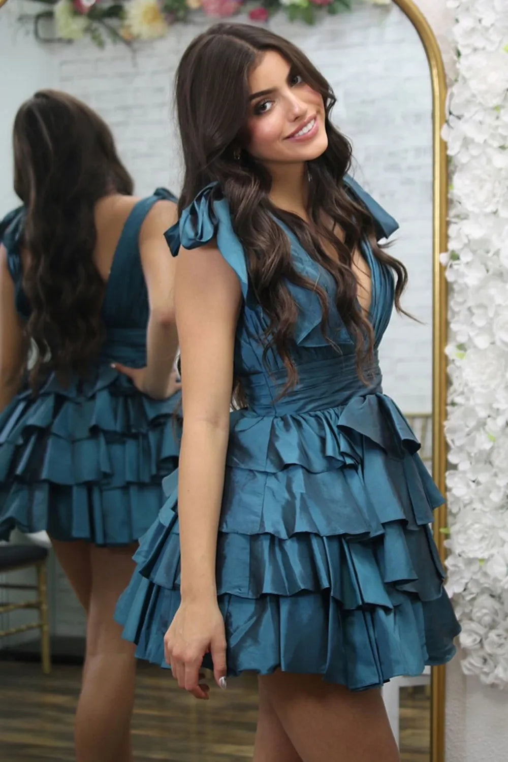 V-Neck Bow Strap Tiered Ruffle Homecoming Dress | Pleated Bodice Short Prom Gown