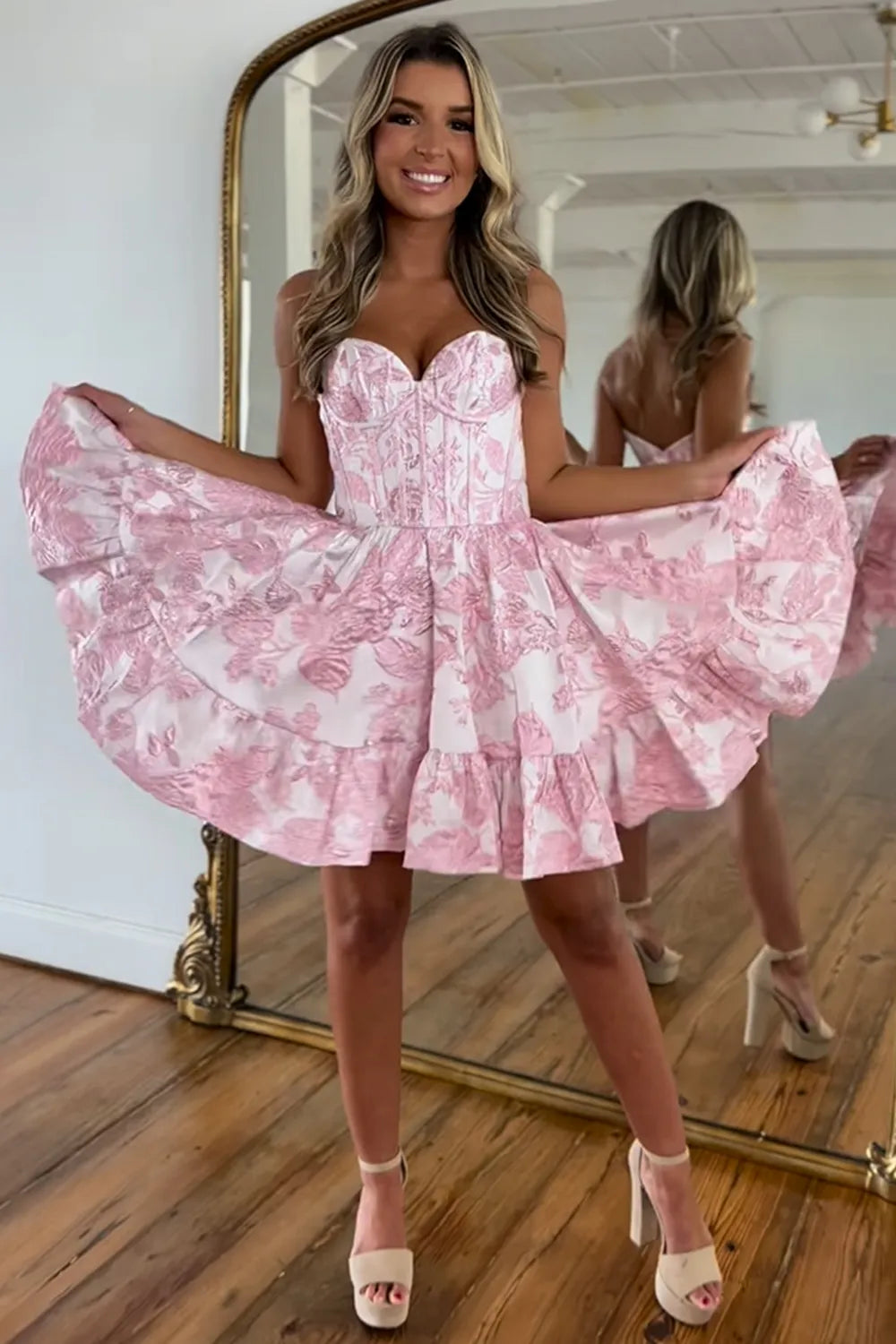Strapless Floral Jacquard Corset Homecoming Dress | Sweetheart Ruffle Skirt Short Prom Gown