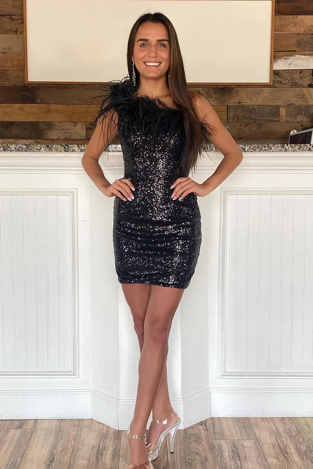 One Shoulder Feather Trim Sequin Homecoming Dress | Bodycon Mini Cocktail Dress