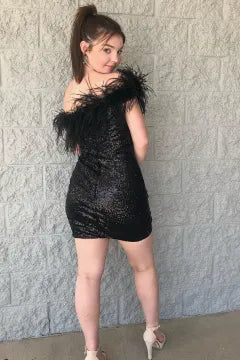 One Shoulder Feather Trim Sequin Homecoming Dress | Bodycon Mini Cocktail Dress