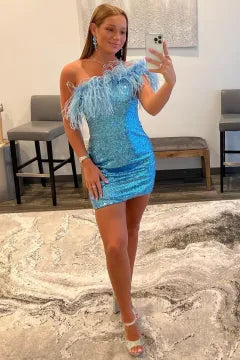 One Shoulder Feather Trim Sequin Homecoming Dress | Bodycon Mini Cocktail Dress