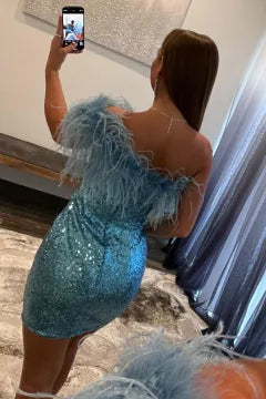 One Shoulder Feather Trim Sequin Homecoming Dress | Bodycon Mini Cocktail Dress