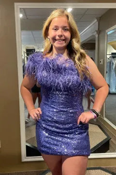 One Shoulder Feather Trim Sequin Homecoming Dress | Bodycon Mini Cocktail Dress