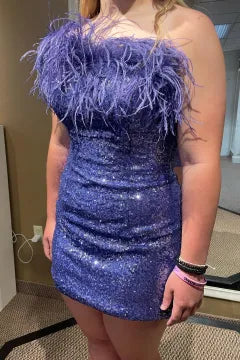 One Shoulder Feather Trim Sequin Homecoming Dress | Bodycon Mini Cocktail Dress