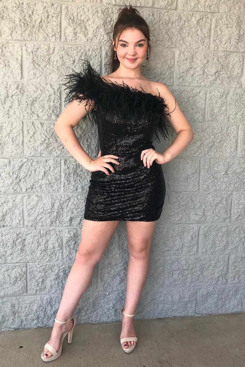 One Shoulder Feather Trim Sequin Homecoming Dress | Bodycon Mini Cocktail Dress