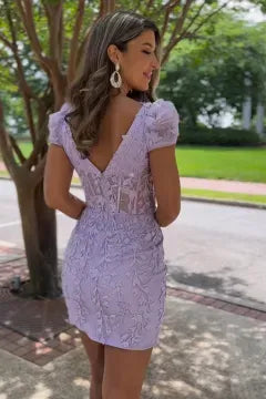 Puff Short Sleeve Square Neck Lace Corset Homecoming Dress | Sheer Bodice Bodycon Mini Cocktail Dress
