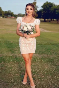 Puff Short Sleeve Square Neck Lace Corset Homecoming Dress | Sheer Bodice Bodycon Mini Cocktail Dress