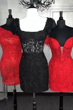 Puff Short Sleeve Square Neck Lace Corset Homecoming Dress | Sheer Bodice Bodycon Mini Cocktail Dress