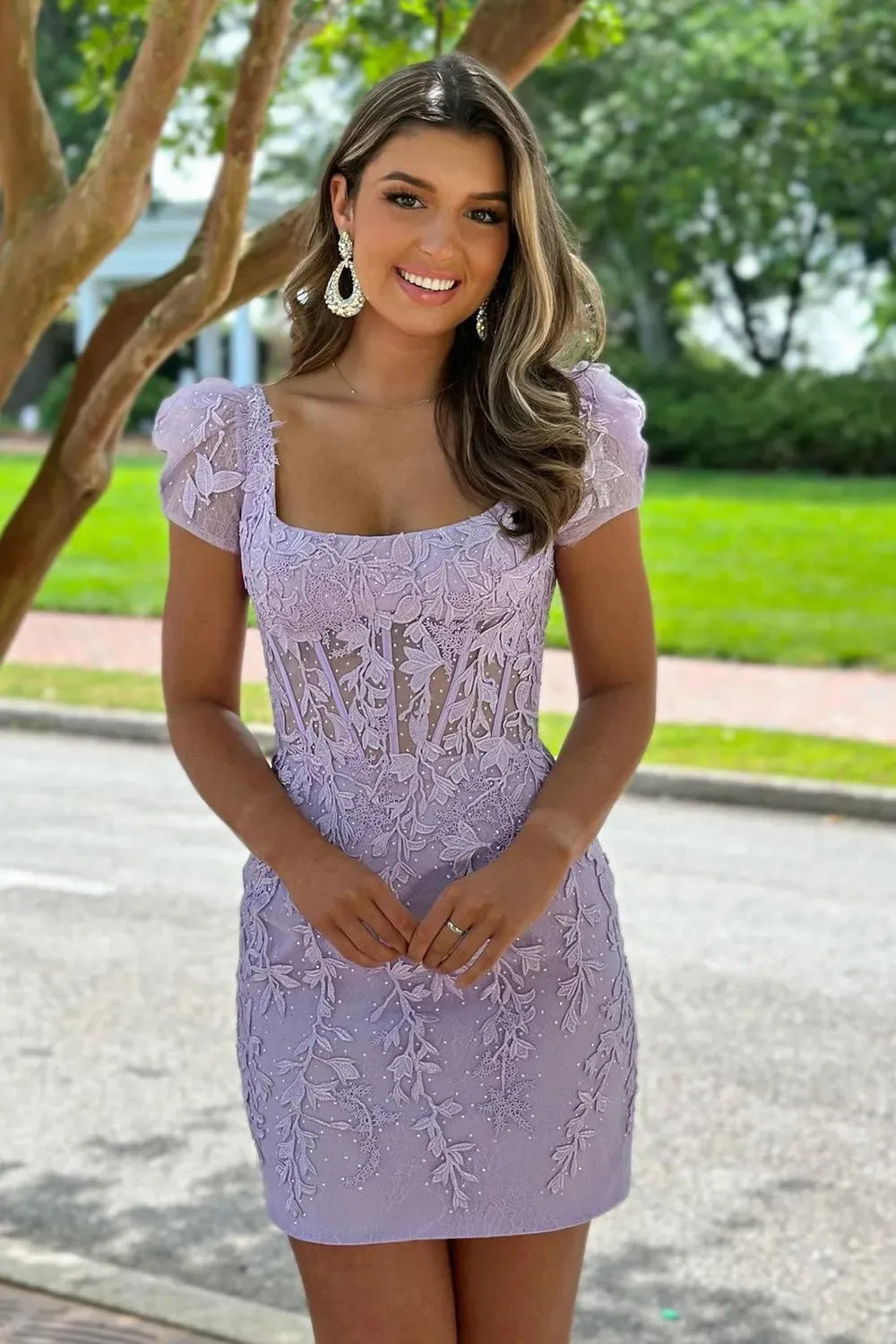 Puff Short Sleeve Square Neck Lace Corset Homecoming Dress | Sheer Bodice Bodycon Mini Cocktail Dress