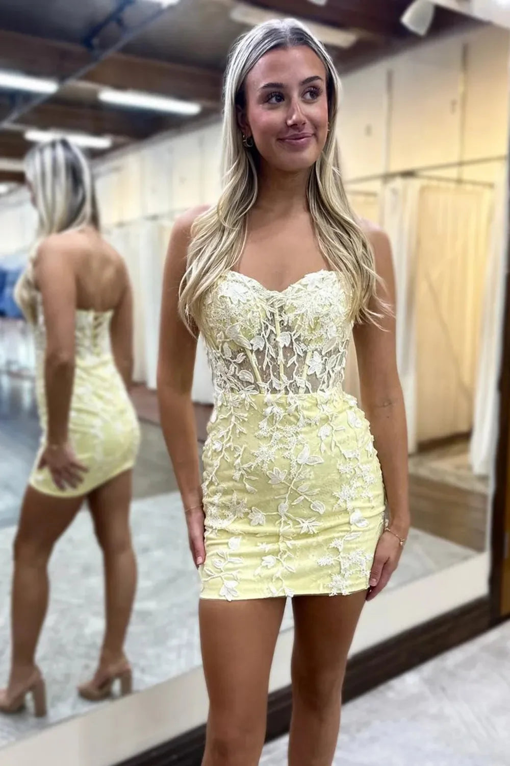 Strapless Lace Corset Homecoming Dress | Sweetheart Sheer Mesh Bodycon Short Prom Gown