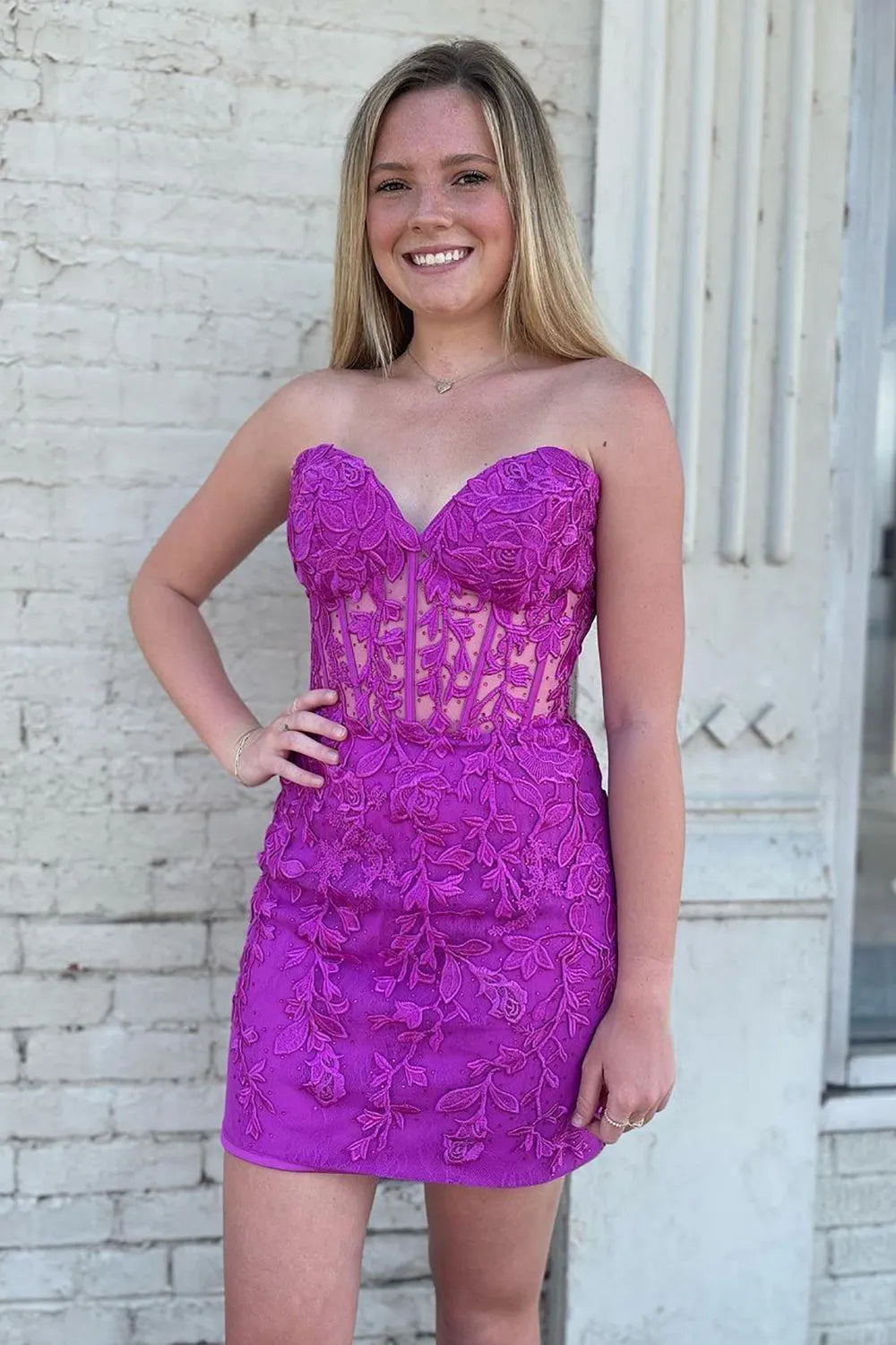 Strapless Lace Corset Homecoming Dress | Sweetheart Sheer Mesh Bodycon Short Prom Gown