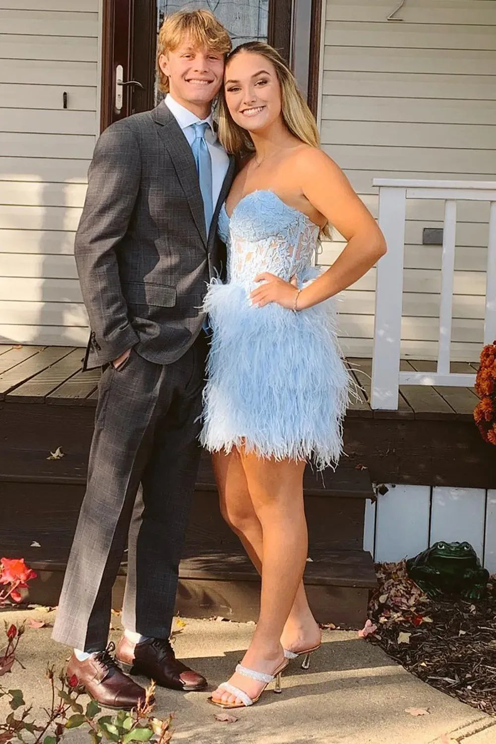 Strapless Sweetheart Feather Homecoming Dress | Open Back Corset Bodycon Mini Cocktail Dress