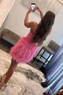Strapless Sweetheart Feather Homecoming Dress | Open Back Corset Bodycon Mini Cocktail Dress