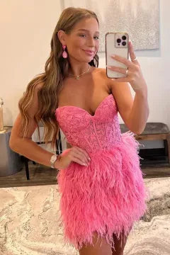 Strapless Sweetheart Feather Homecoming Dress | Open Back Corset Bodycon Mini Cocktail Dress