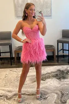 Strapless Sweetheart Feather Homecoming Dress | Open Back Corset Bodycon Mini Cocktail Dress