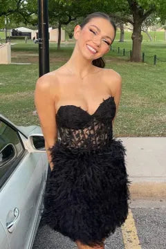 Strapless Sweetheart Feather Homecoming Dress | Open Back Corset Bodycon Mini Cocktail Dress