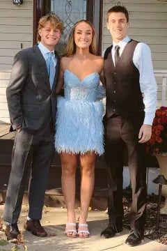 Strapless Sweetheart Feather Homecoming Dress | Open Back Corset Bodycon Mini Cocktail Dress