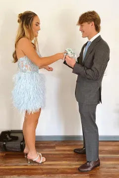 Strapless Sweetheart Feather Homecoming Dress | Open Back Corset Bodycon Mini Cocktail Dress