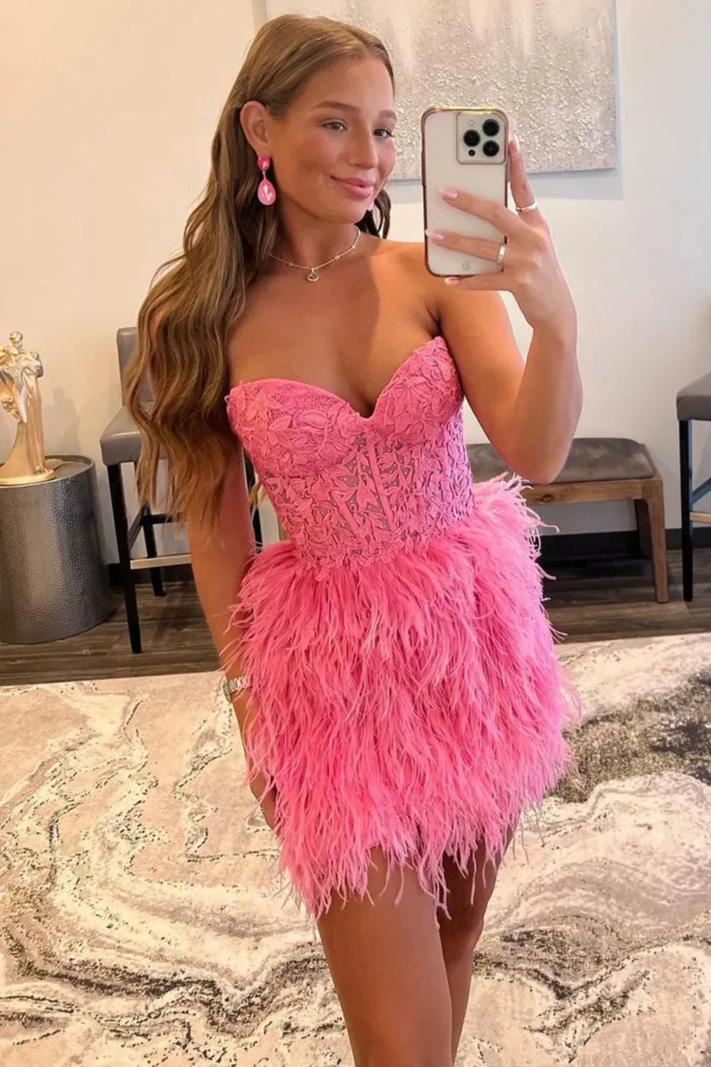 Strapless Sweetheart Feather Homecoming Dress | Open Back Corset Bodycon Mini Cocktail Dress