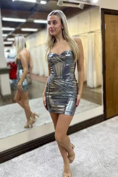 Metallic  Strapless Corset Homecoming Dress | Ruched Bodycon Mini Party Gown