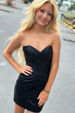 Metallic  Strapless Corset Homecoming Dress | Ruched Bodycon Mini Party Gown