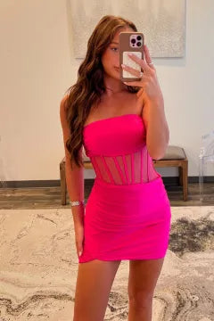 Strapless Mesh Corset Homecoming Dress | Ruched Bodycon Mini Party Gown