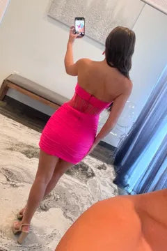 Strapless Mesh Corset Homecoming Dress | Ruched Bodycon Mini Party Gown