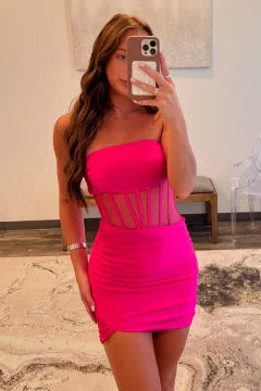 Strapless Mesh Corset Homecoming Dress | Ruched Bodycon Mini Party Gown