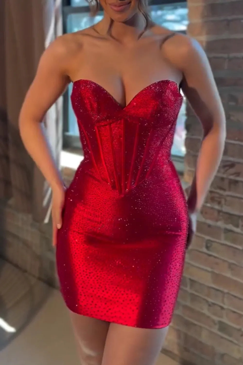 Strapless Sweetheart Rhinestone Corset Homecoming Dress | Sparkly Bodycon Mini Prom Gown
